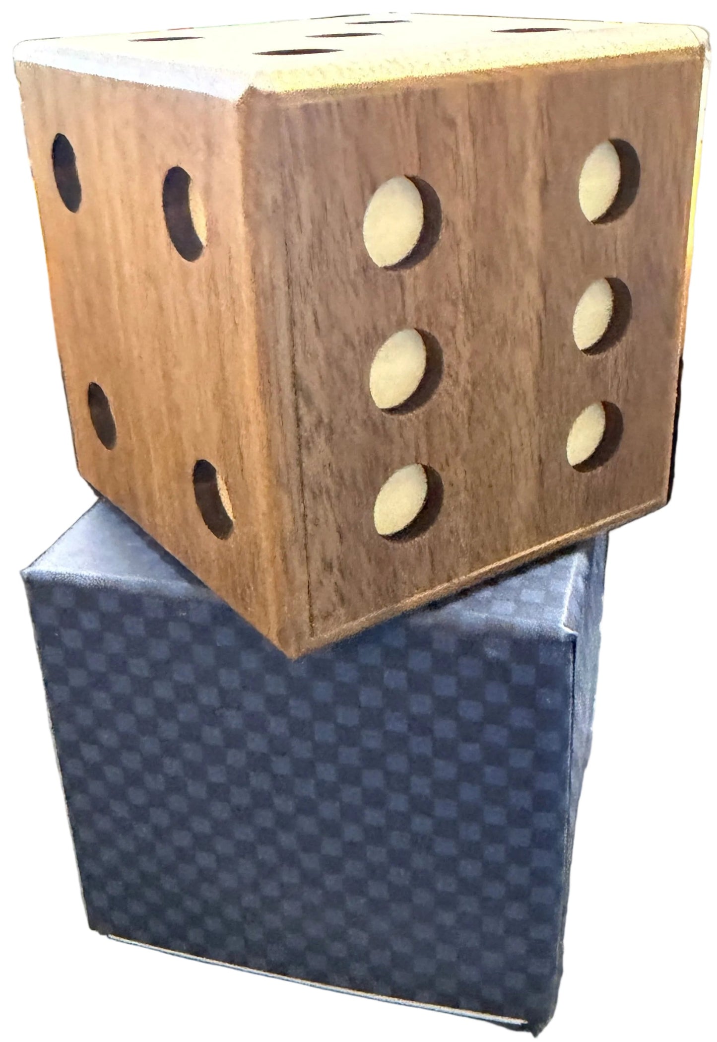 Wooden dice holder with holes on a shelf