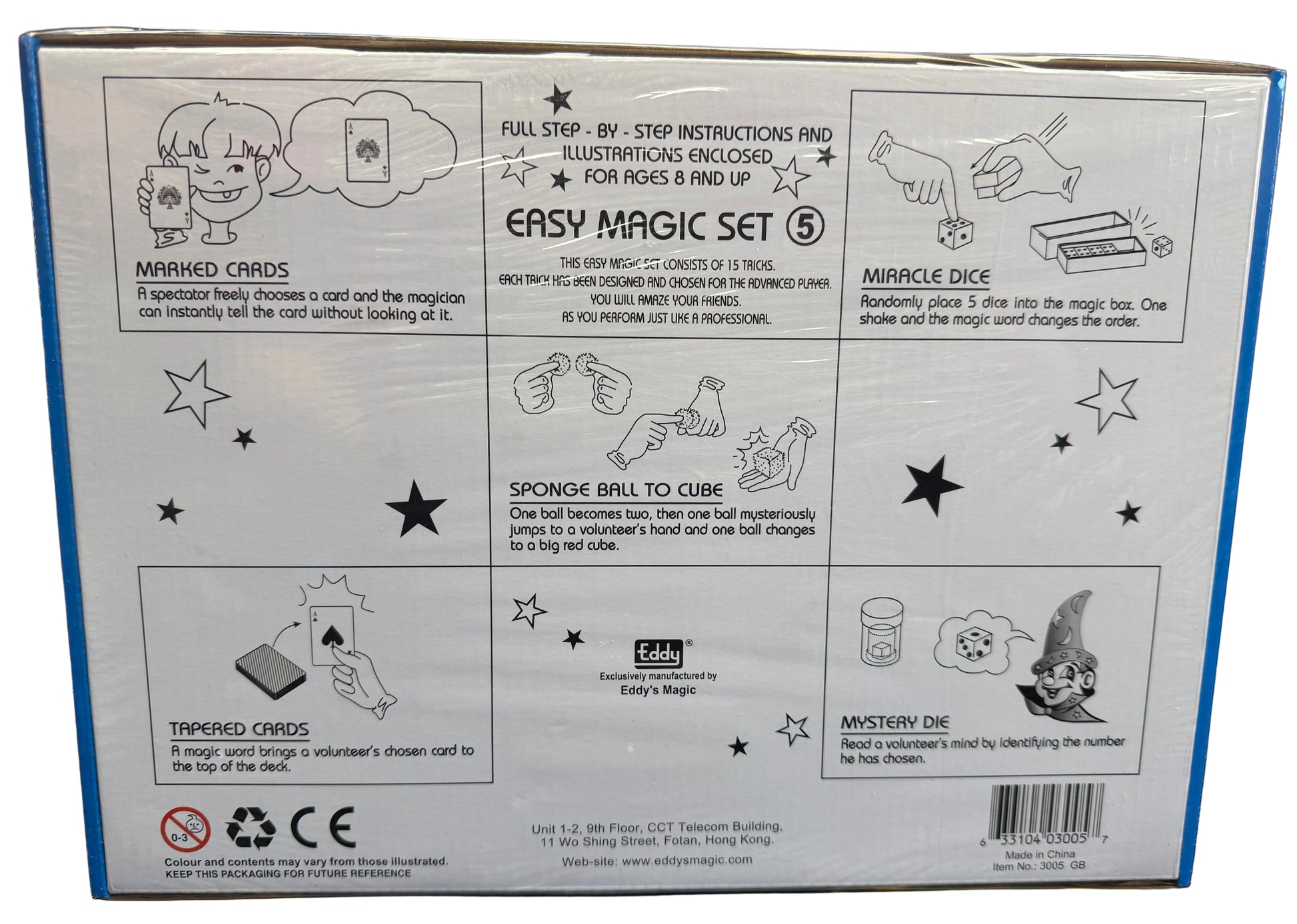 Back of a box with black and white illustrations and text on a blue border