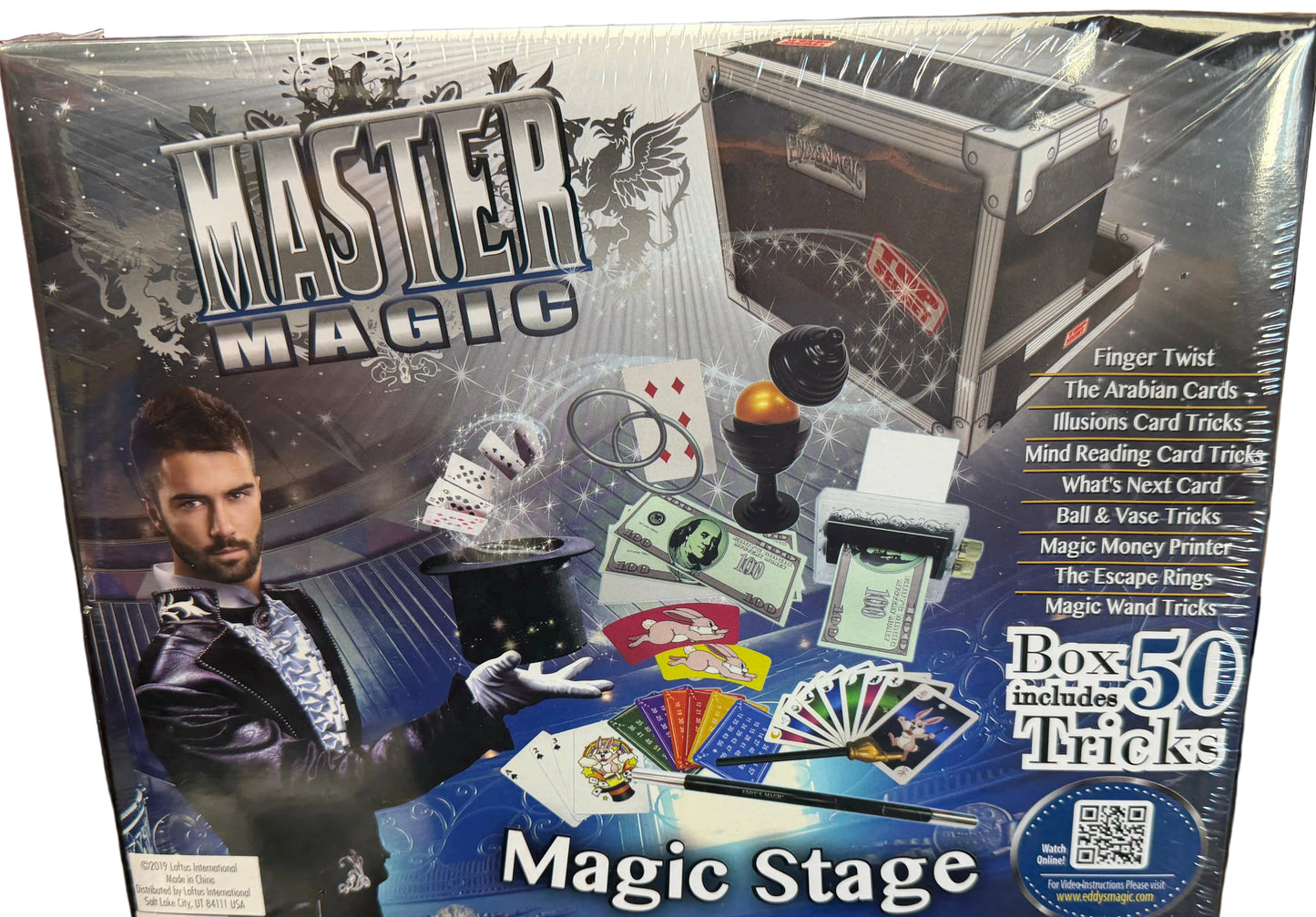 Box of Master Magic Magic Stage with images of magic tricks on a red background