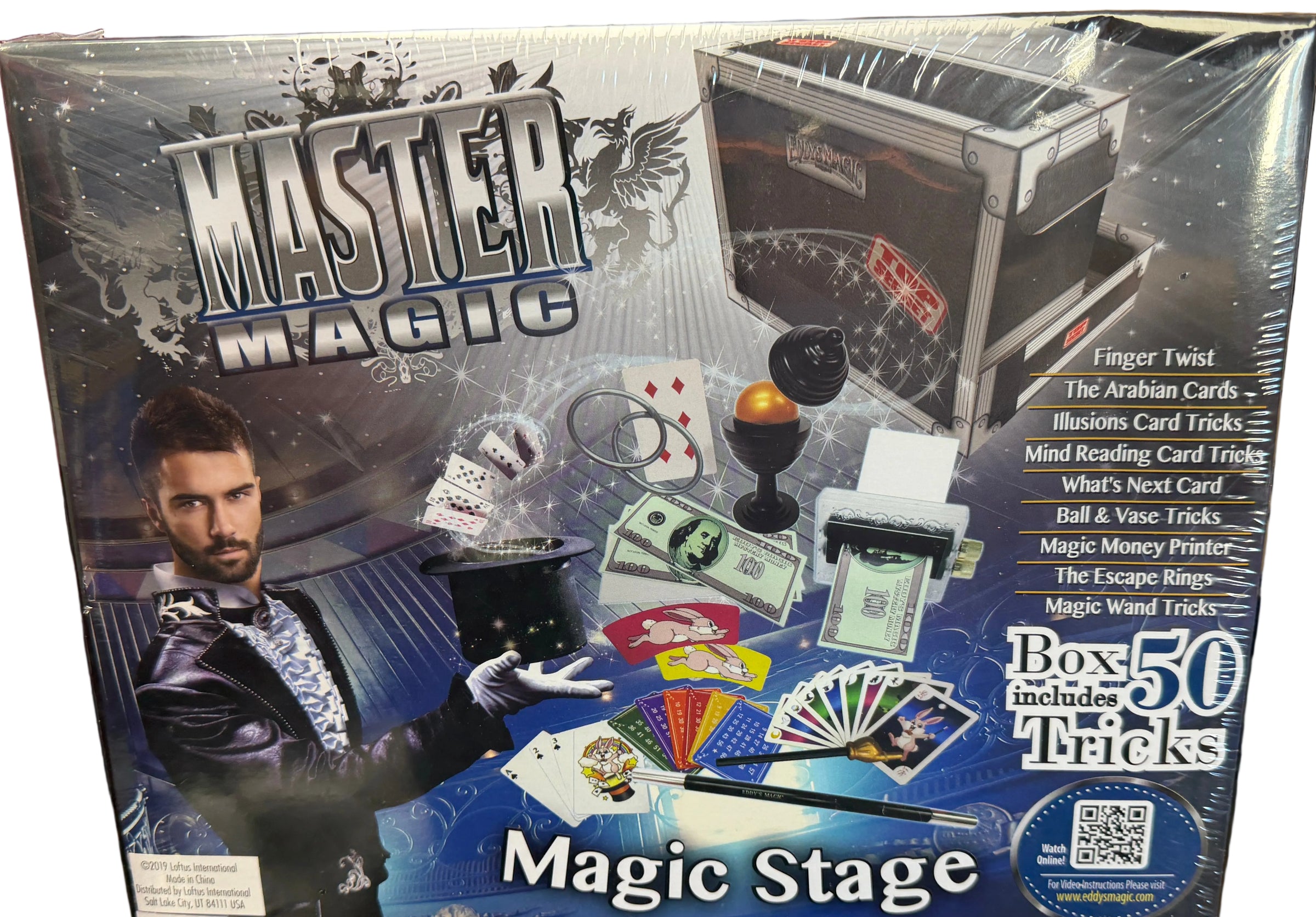 Box of Master Magic Magic Stage with images of magic tricks on a red background
