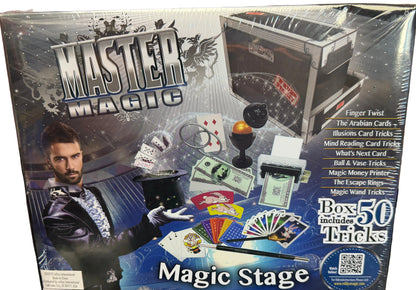 Box of Master Magic Magic Stage with images of magic tricks on a red background