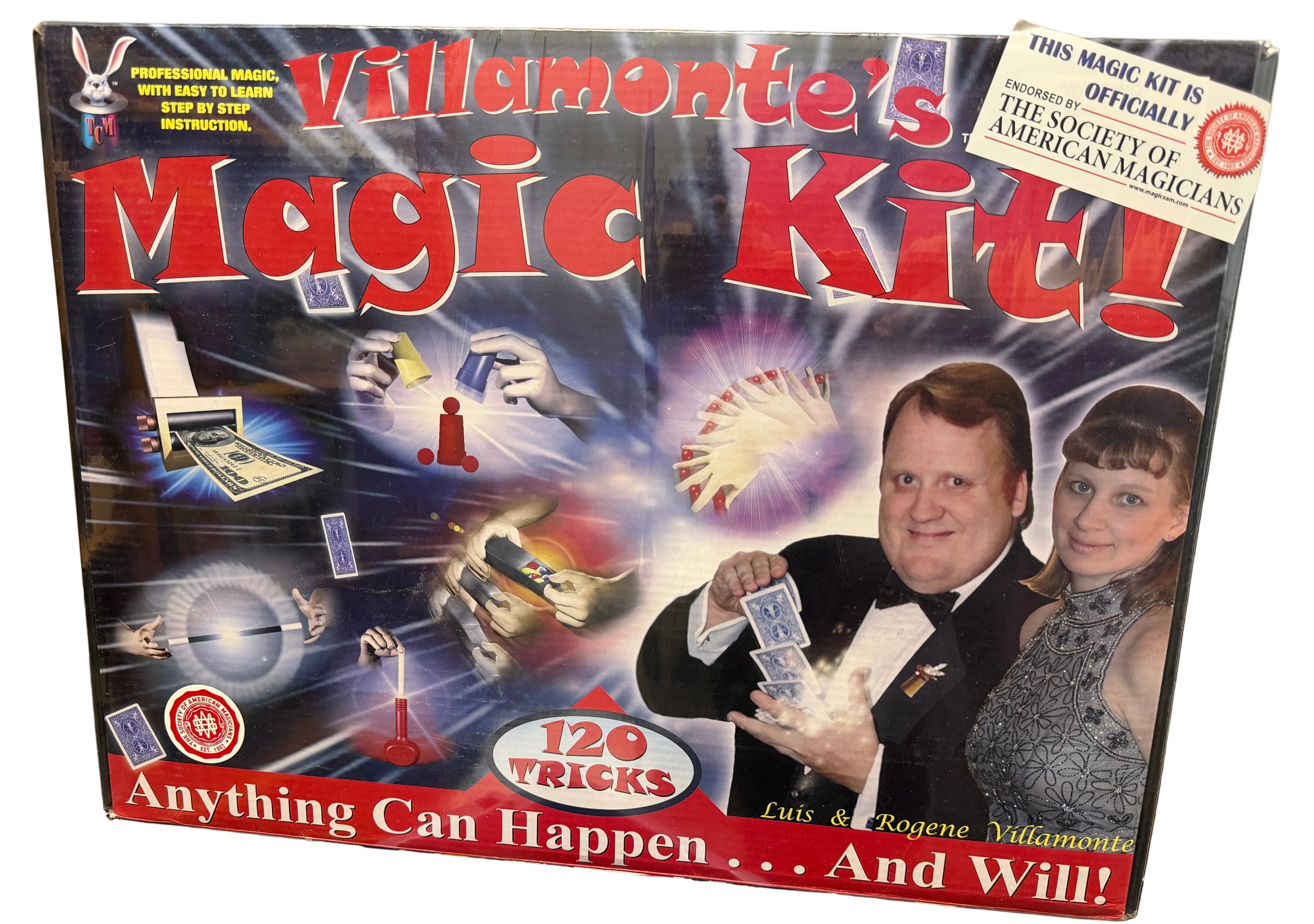 Villamonte's Magic Kit packaging with images of a man and woman performing magic tricks.