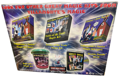 Promotional poster for Villamonete's Magic featuring various magic kits and products.