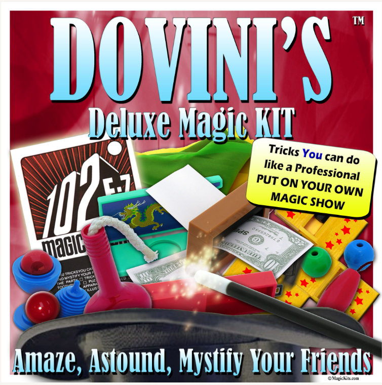 Dovini's Deluxe Magic Kit packaging with various magic tricks and text on a red background