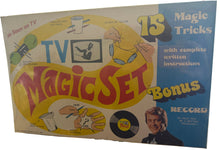 Vintage TV Magic Set packaging with colorful text and images on a desk.