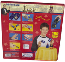 Back of a magic trick set packaging with colorful illustrations and text.