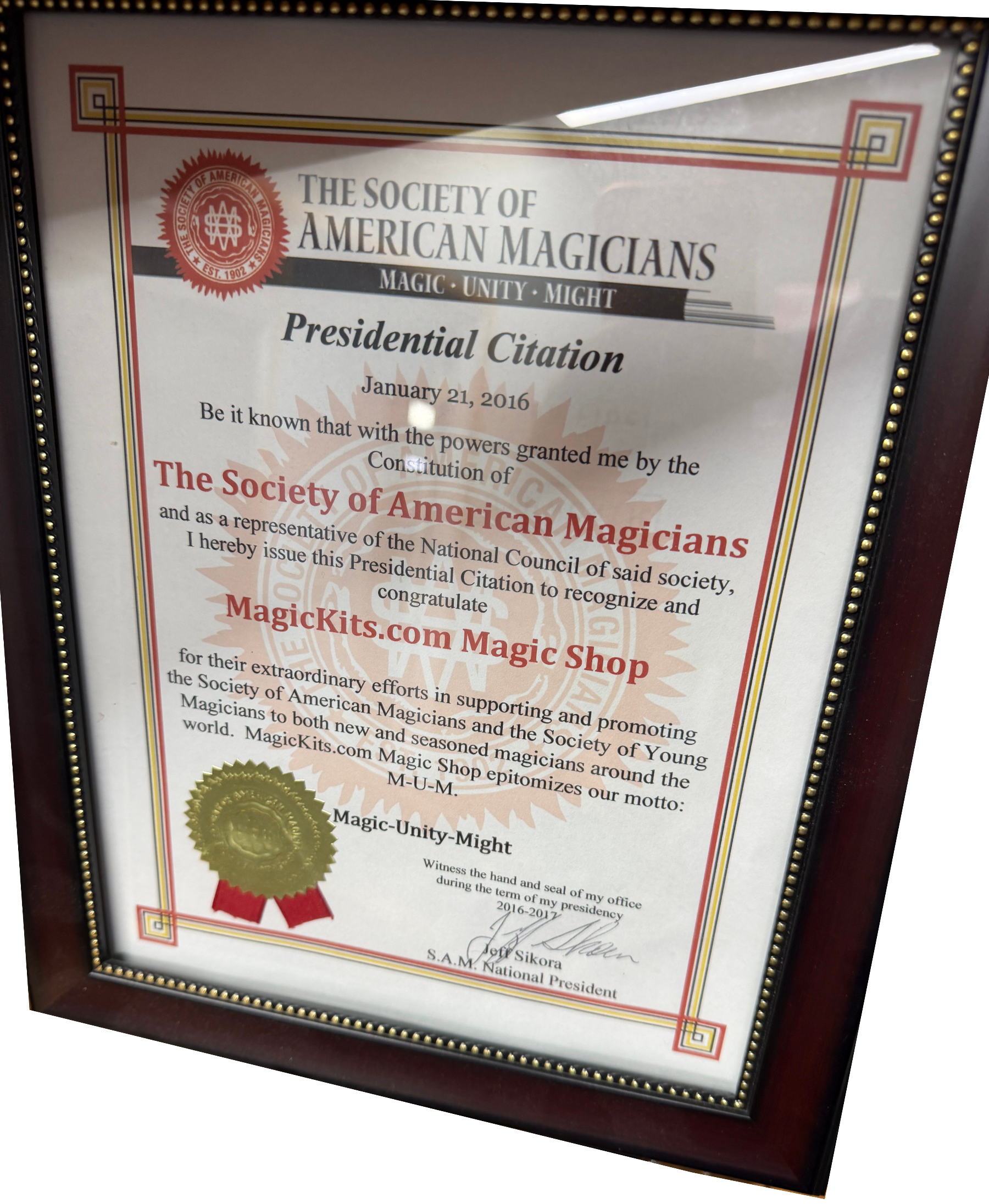 Framed Presidential Citation from The Society of American Magicians on a white background