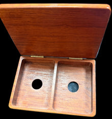 Wooden box with two circular holes on a map background