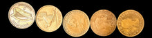 Set of five gold coins on a world map background