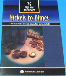 Booklet titled '25 Tips and Tricks with Nickels to Dimes' by Trickmaster on a blue background