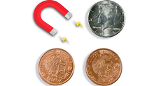 Red magnet attracting two pennies on a white background