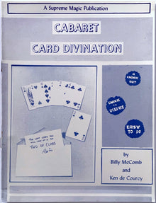 Book cover of 'Cabaret Card Divination' by Supreme Magic Publications with playing cards and text.