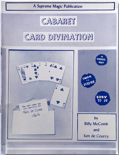 Book cover of 'Cabaret Card Divination' by Supreme Magic Publications with playing cards and text.