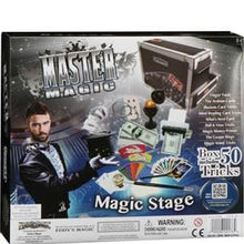 Box of a magic stage toy set with magician and magic props on the packaging.