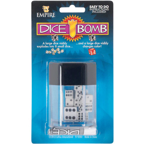 Packaged dice set with 'Dice Bomb' branding on a blue background