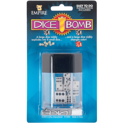 Packaged dice set with 'Dice Bomb' branding on a blue background