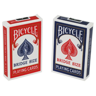 Two boxes of Bicycle Bridge Size playing cards, one red and white, the other blue and white, on a white background.