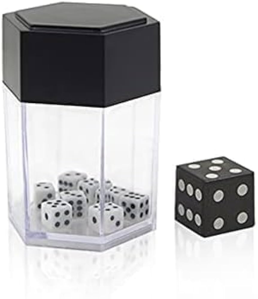 Set of dice with a transparent container and black lid on a white background