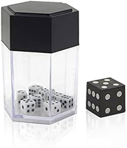 Set of dice with a transparent container and black lid on a white background