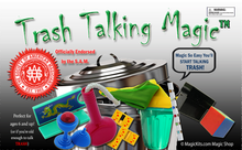 Promotional image for 'Trash Talking Magic' with various props and text on a gray background.