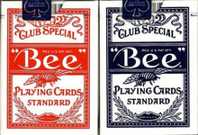 Two packages of Bee Club Special playing cards, one red and one blue, on a white background.