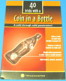 Booklet titled '40 Tricks with a Coin in a Bottle' by Trickmaster on a blue background