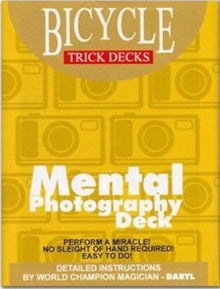 Yellow card deck packaging with 'Bicycle Trick Decks' branding on a white background