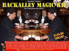 Advertisement for Backalley Magic Kit with magicians around a table.
