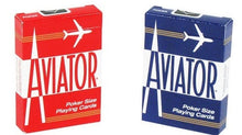 Two boxes of Aviator poker size playing cards, one red and one blue, on a white background.