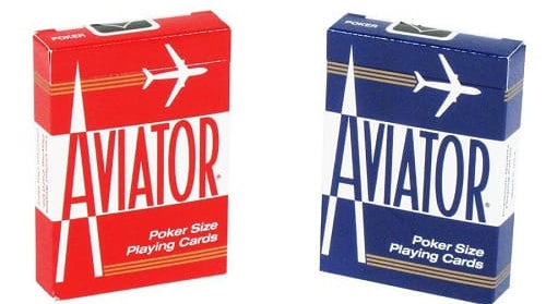 Two boxes of Aviator poker size playing cards, one red and one blue, on a white background.