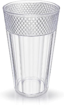 Clear plastic tumbler with textured rim on a white background