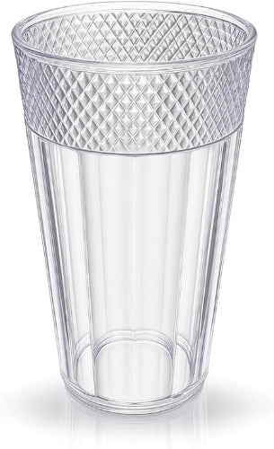 Clear plastic tumbler with textured rim on a white background
