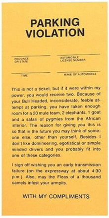 Yellow parking violation slip with humorous text on a white background