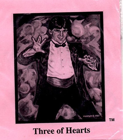 Card with a black and white illustration of a man in a suit on a pink background, labeled 'Three of Hearts'.