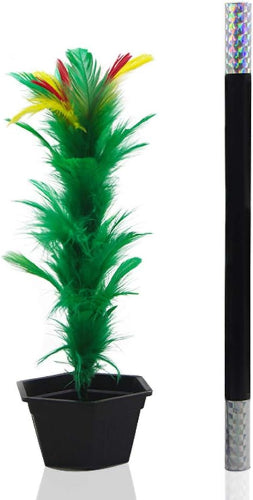 Decorative green plant with colorful feathers in a pot on a white background