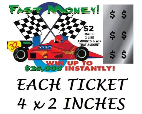 Lottery advertisement flyer featuring a race car design and prize information.