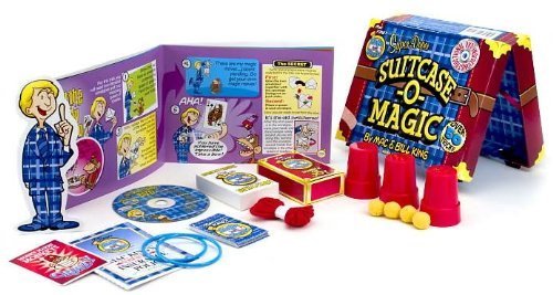 Magic suitcase set with various magic tricks and props on a white background