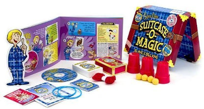 Magic suitcase set with various magic tricks and props on a white background