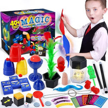 Magic trick set for kids with colorful items and a child demonstrating a trick.