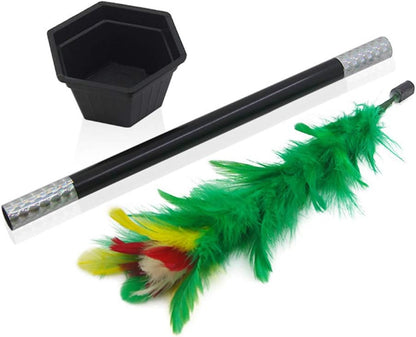 Cat toy with feather and black container on a white background