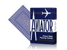Aviator poker size playing cards with blue and white design on a white background