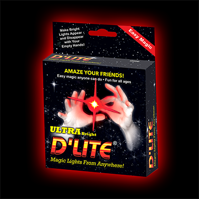 D-Lite packaging with glowing red light and text on a dark background
