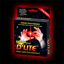 D-Lite packaging with glowing red light and text on a dark background