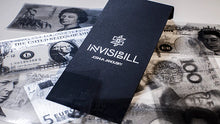 Black card with 'Invisibill' branding on a background of international currency.