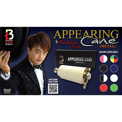 Appearing Cane product packaging with magician and product details on a blue background