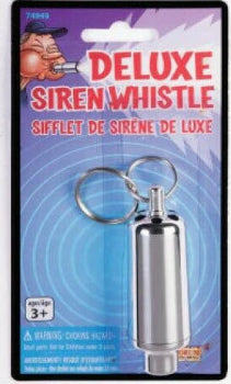 Deluxe siren whistle packaging with a keychain on a white background
