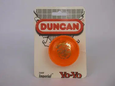 Orange yo-yo on a Duncan branded card with a gray background