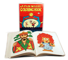 Coloring book with illustrations of a magician and clown on open pages, red cover with cartoon design.