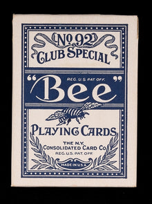 Vintage 'Bee' playing cards packaging with blue and white design.