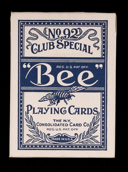 Vintage 'Bee' playing cards packaging with blue and white design.